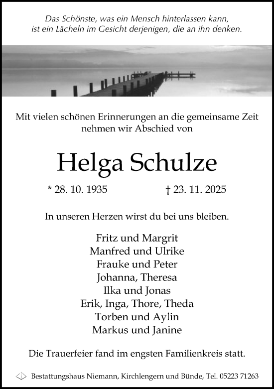 Traueranzeige von Helga Schulze von Neue Westfälische und Westfalen-Blatt