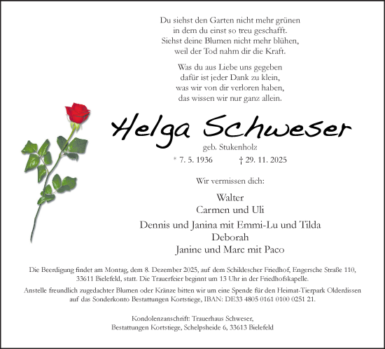 Traueranzeige von Helga Schweser von Neue Westfälische und Westfalen-Blatt