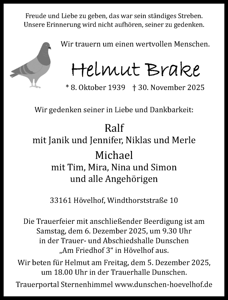  Traueranzeige für Helmut Brake vom 03.12.2025 aus Neue Westfälische und Westfalen-Blatt
