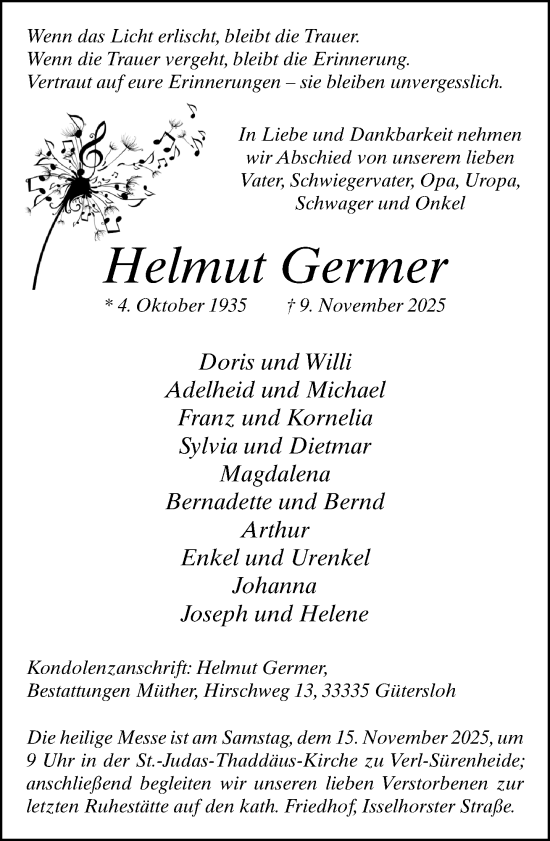 Traueranzeige von Helmut Germer von Neue Westfälische und Westfalen-Blatt