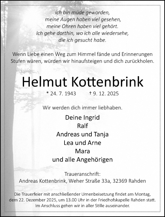 Traueranzeige von Helmut Kottenbrink von Neue Westfälische und Westfalen-Blatt