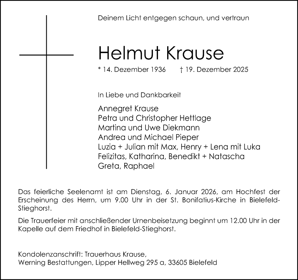  Traueranzeige für Helmut Krause vom 27.12.2025 aus Neue Westfälische und Westfalen-Blatt