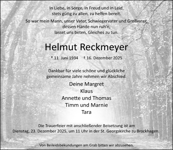 Traueranzeige von Helmut Reckmeyer von Neue Westfälische und Westfalen-Blatt