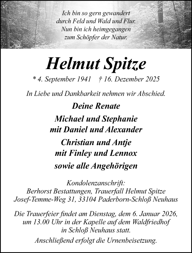  Traueranzeige für Helmut Spitze vom 27.12.2025 aus Neue Westfälische und Westfalen-Blatt
