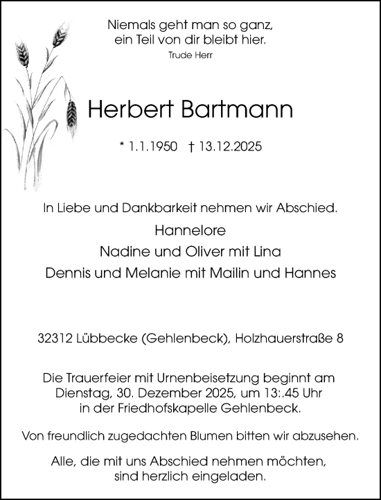 Traueranzeige von Herbert Bartmann von Neue Westfälische und Westfalen-Blatt