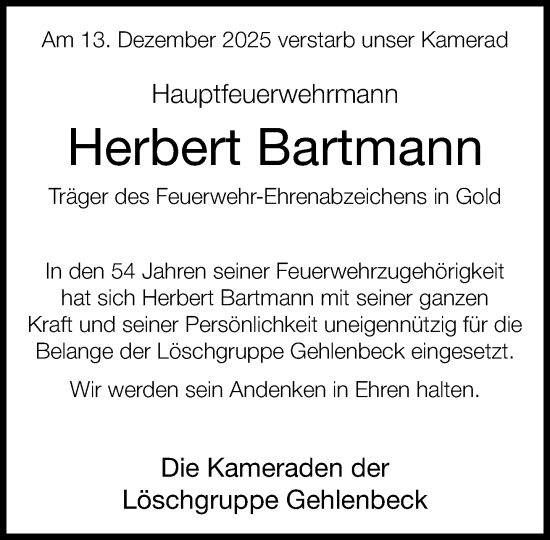 Traueranzeige von Herbert Bartmann von Neue Westfälische und Westfalen-Blatt