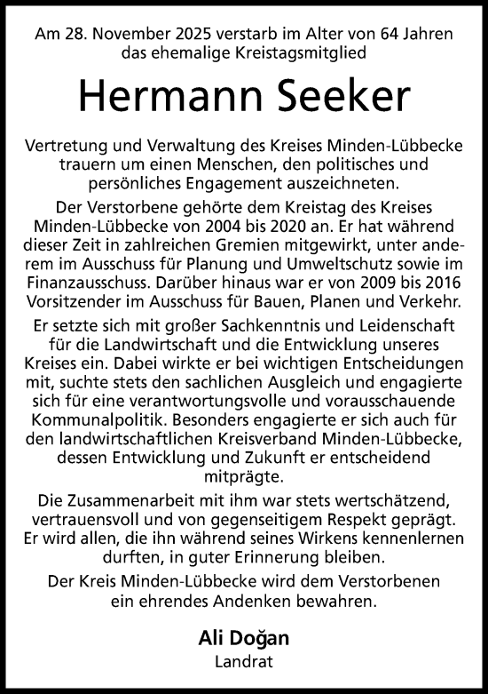 Traueranzeige von Hermann Seeker von Neue Westfälische und Westfalen-Blatt