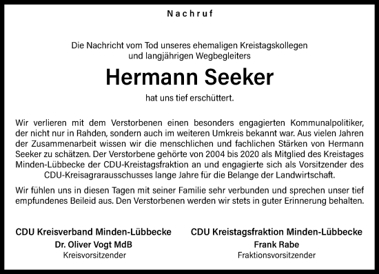 Traueranzeige von Hermann Seeker von Neue Westfälische und Westfalen-Blatt