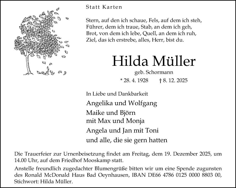  Traueranzeige für Hilda Müller vom 13.12.2025 aus Neue Westfälische und Westfalen-Blatt