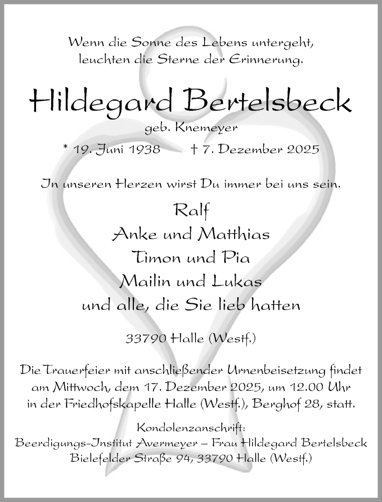  Traueranzeige für Hildegard Bertelsbeck vom 13.12.2025 aus Neue Westfälische und Westfalen-Blatt