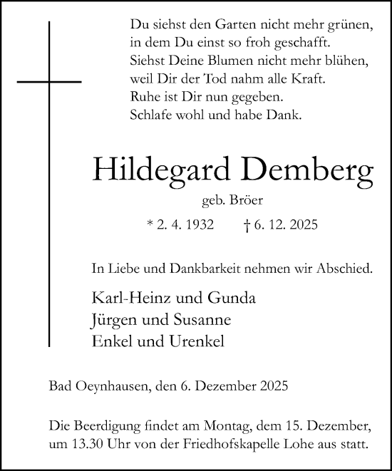 Traueranzeige von Hildegard Demberg von Neue Westfälische und Westfalen-Blatt