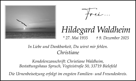 Traueranzeige von Hildegard Waldheim von Neue Westfälische und Westfalen-Blatt