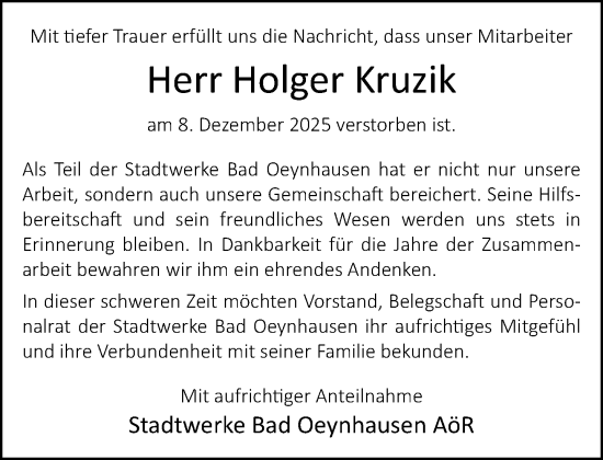 Traueranzeige von Holger Kruzik von Neue Westfälische und Westfalen-Blatt
