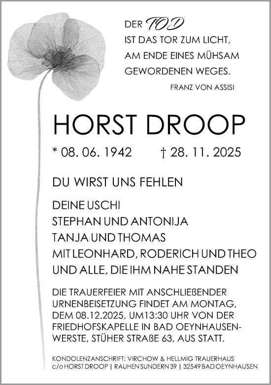 Traueranzeige von Horst Droop von Neue Westfälische und Westfalen-Blatt