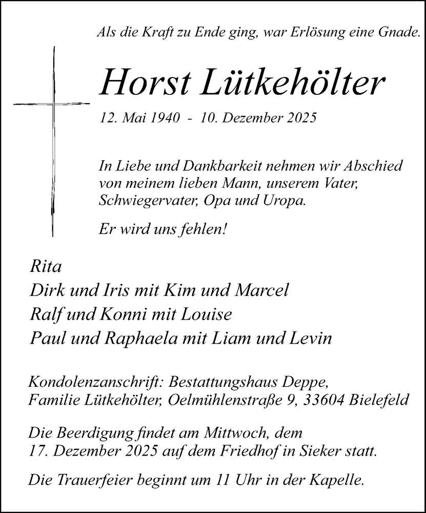  Traueranzeige für Horst Lütkehölter vom 13.12.2025 aus Neue Westfälische und Westfalen-Blatt