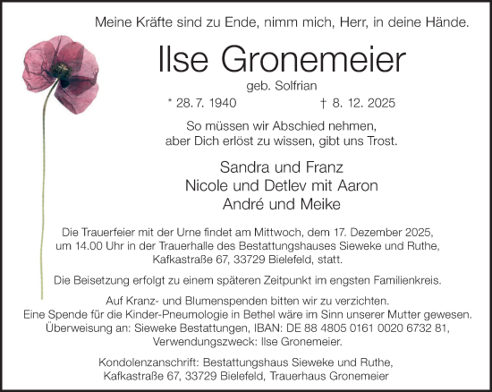 Traueranzeige von Ilse Gronemeier von Neue Westfälische und Westfalen-Blatt