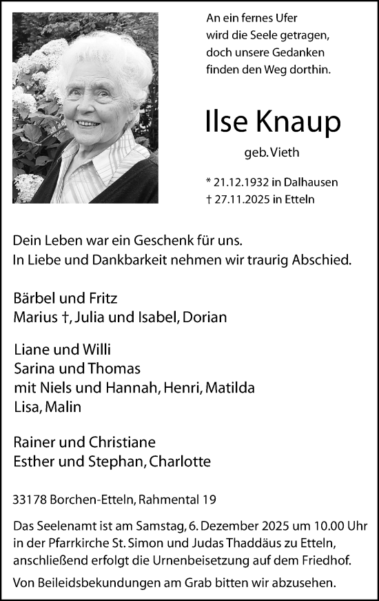 Traueranzeige von Ilse Knaup von Neue Westfälische und Westfalen-Blatt