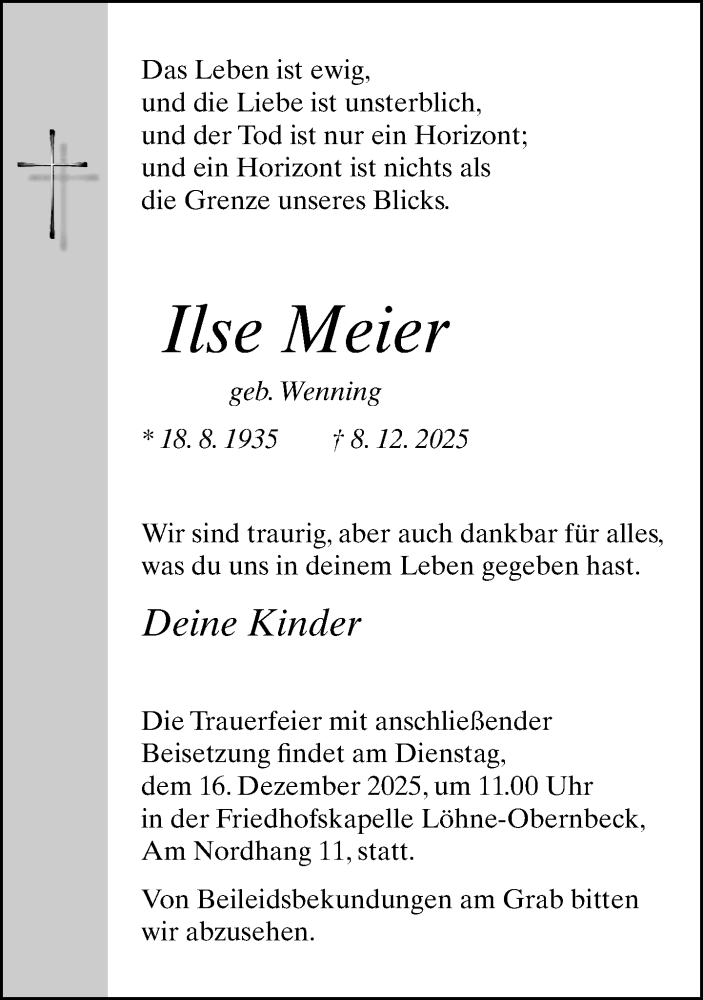  Traueranzeige für Ilse Meier vom 13.12.2025 aus Neue Westfälische und Westfalen-Blatt