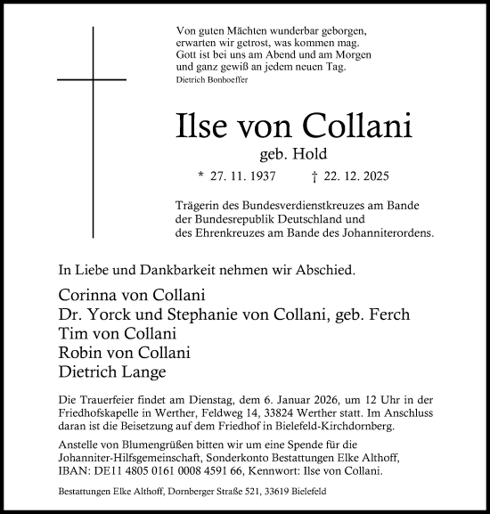 Traueranzeige von Ilse von Collani von Neue Westfälische und Westfalen-Blatt