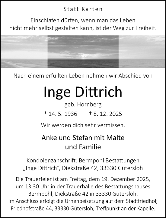 Traueranzeige von Inge Dittrich von Neue Westfälische und Westfalen-Blatt