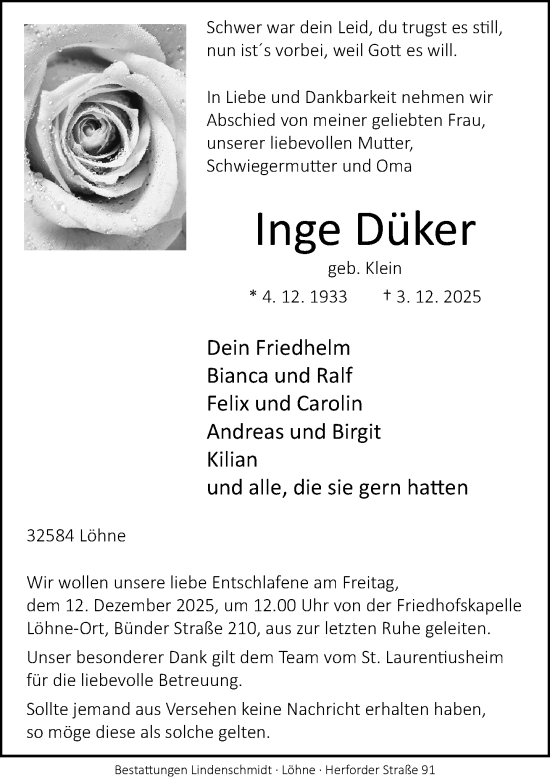 Traueranzeige von Inge Düker von Neue Westfälische und Westfalen-Blatt
