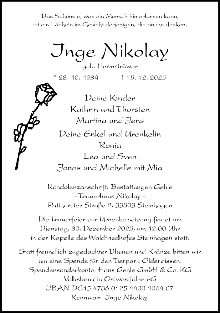  Traueranzeige für Inge Nikolay vom 20.12.2025 aus Neue Westfälische und Westfalen-Blatt