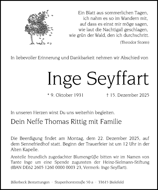 Traueranzeige von Inge Seyffart von Neue Westfälische und Westfalen-Blatt