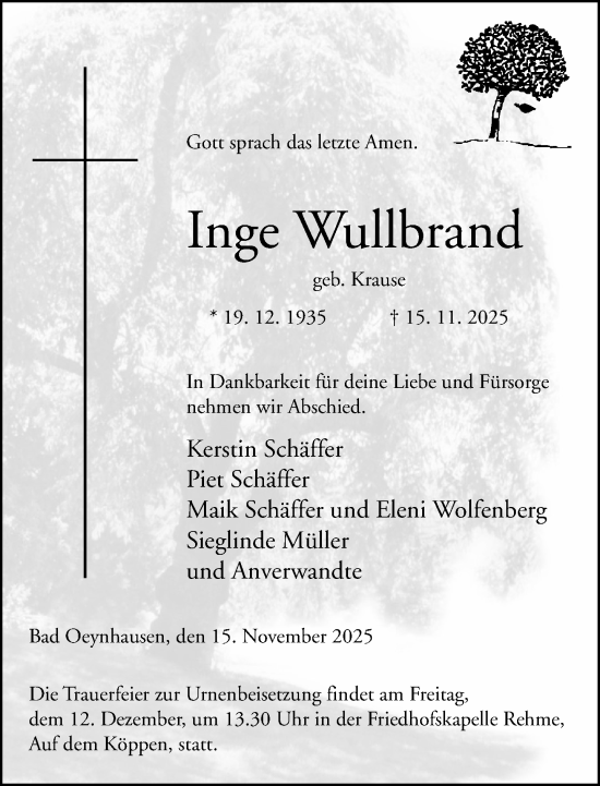 Traueranzeige von Inge Wullbrand von Neue Westfälische und Westfalen-Blatt