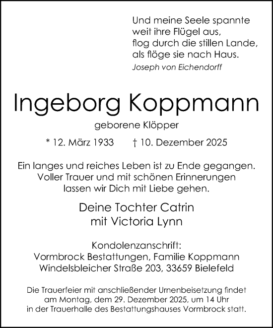 Traueranzeige von Ingeborg Koppmann von Neue Westfälische und Westfalen-Blatt