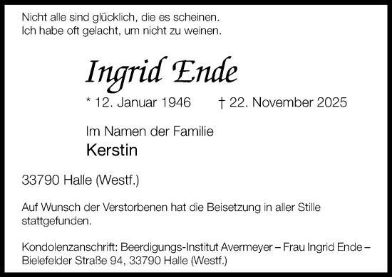 Traueranzeige von Ingrid Ende von Neue Westfälische und Westfalen-Blatt