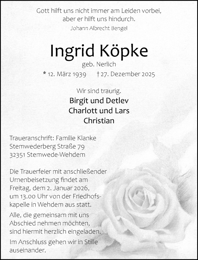  Traueranzeige für Ingrid Köpke vom 30.12.2025 aus Neue Westfälische und Westfalen-Blatt