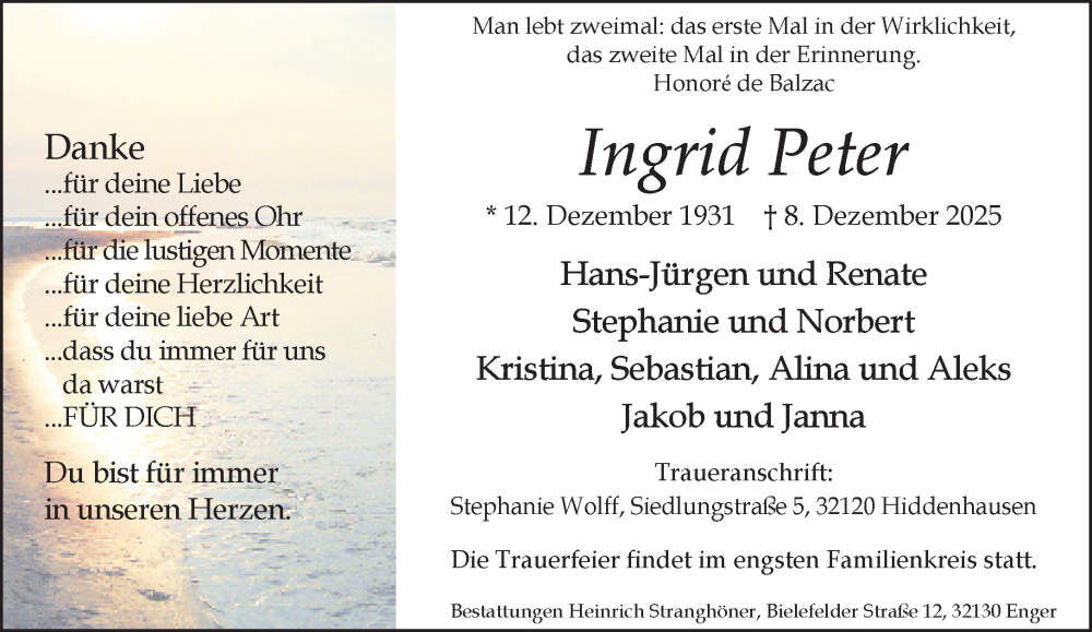  Traueranzeige für Ingrid Peter vom 13.12.2025 aus Neue Westfälische und Westfalen-Blatt
