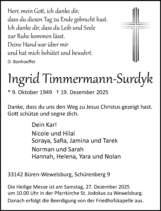 Traueranzeige von Ingrid Timmermann-Surdyk von Neue Westfälische und Westfalen-Blatt