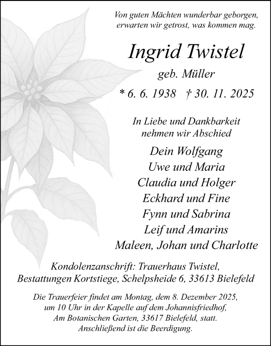 Traueranzeige von Ingrid Twistel von Neue Westfälische und Westfalen-Blatt