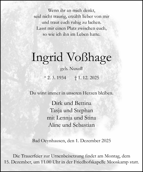 Traueranzeige von Ingrid Voßhage von Neue Westfälische und Westfalen-Blatt