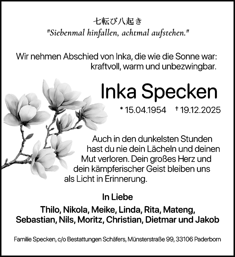 Traueranzeige für Inka Specken vom 27.12.2025 aus Neue Westfälische und Westfalen-Blatt