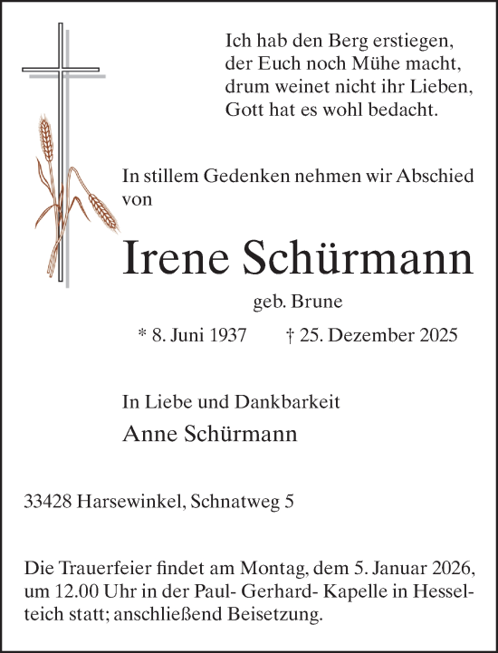 Traueranzeige von Irene Schürmann von Neue Westfälische und Westfalen-Blatt