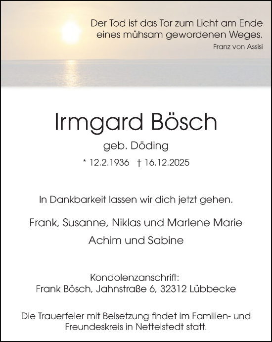 Traueranzeige von Irmgard Bösch von Neue Westfälische und Westfalen-Blatt