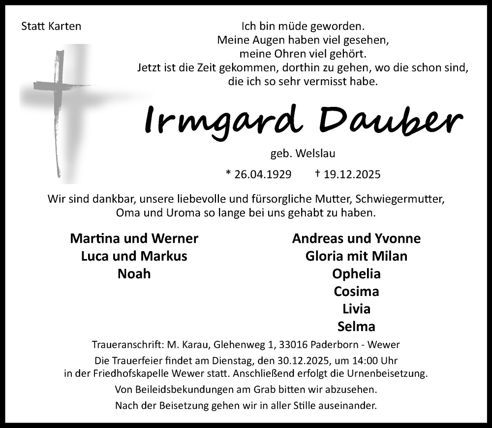  Traueranzeige für Irmgard Dauber vom 27.12.2025 aus Neue Westfälische und Westfalen-Blatt