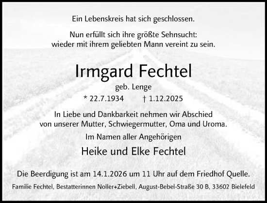 Traueranzeige von Irmgard Fechtel von Neue Westfälische und Westfalen-Blatt
