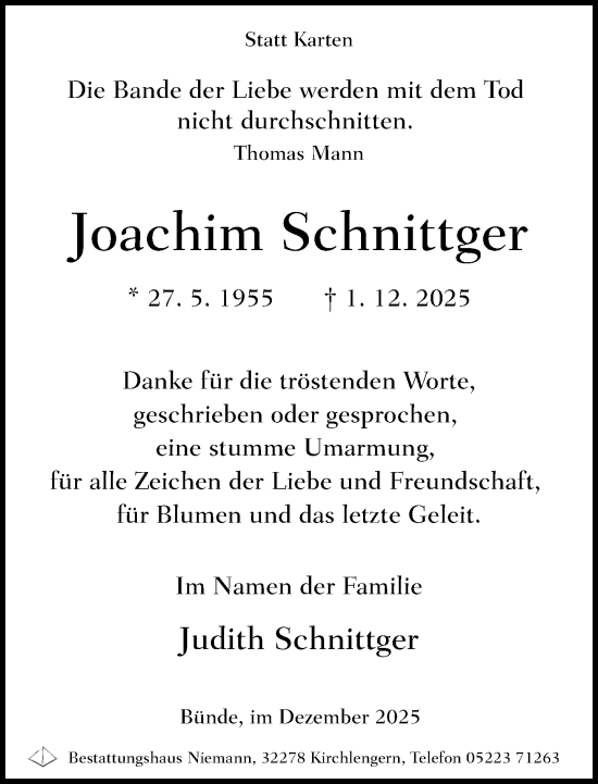 Traueranzeige von Joachim Schnittger von Neue Westfälische und Westfalen-Blatt