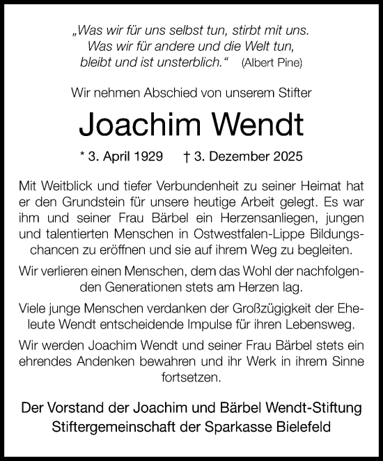 Traueranzeige von Joachim Wendt von Neue Westfälische und Westfalen-Blatt