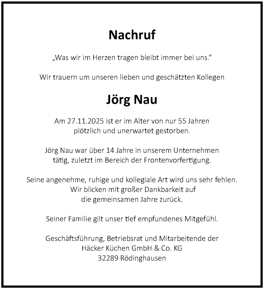  Traueranzeige für Jörg Nau vom 18.12.2025 aus Neue Westfälische und Westfalen-Blatt