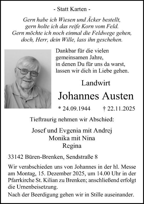 Traueranzeige von Johannes Austen von Neue Westfälische und Westfalen-Blatt