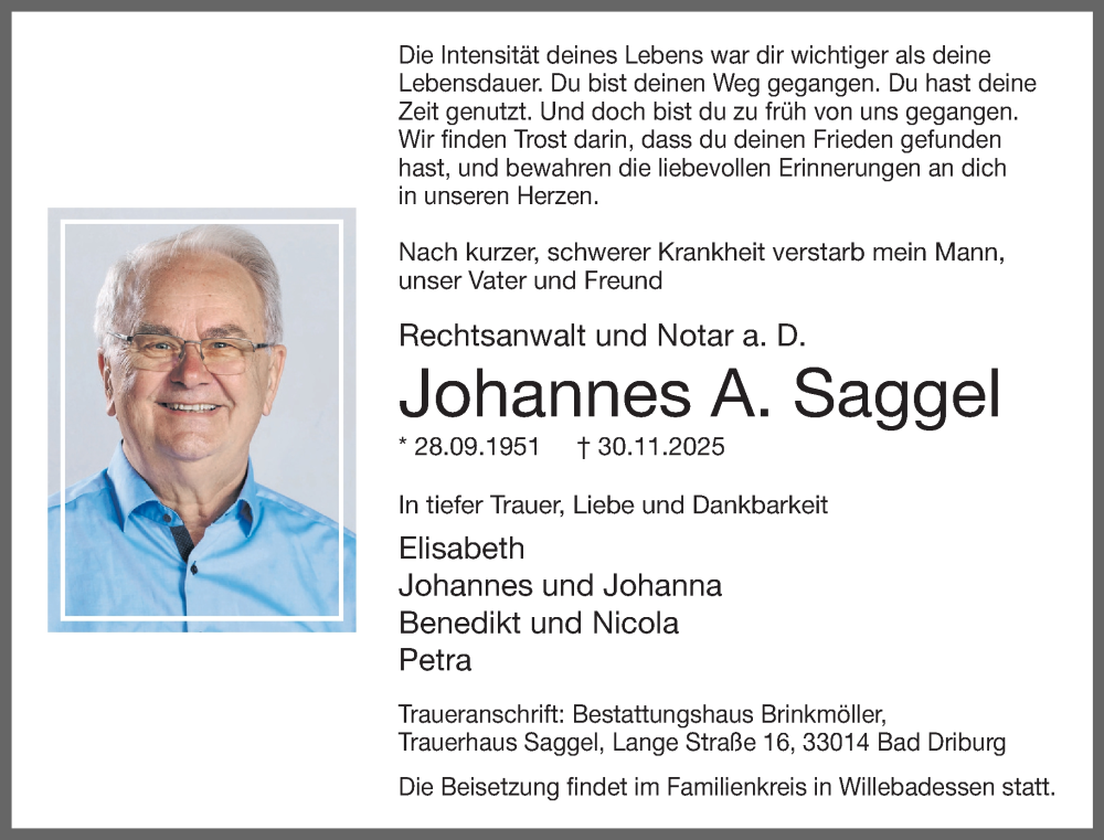  Traueranzeige für Johannes A. Saggel vom 06.12.2025 aus Neue Westfälische und Westfalen-Blatt