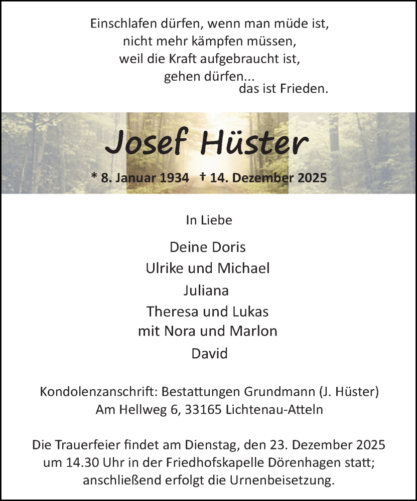 Traueranzeige für Josef Hüster vom 20.12.2025 aus Neue Westfälische und Westfalen-Blatt
