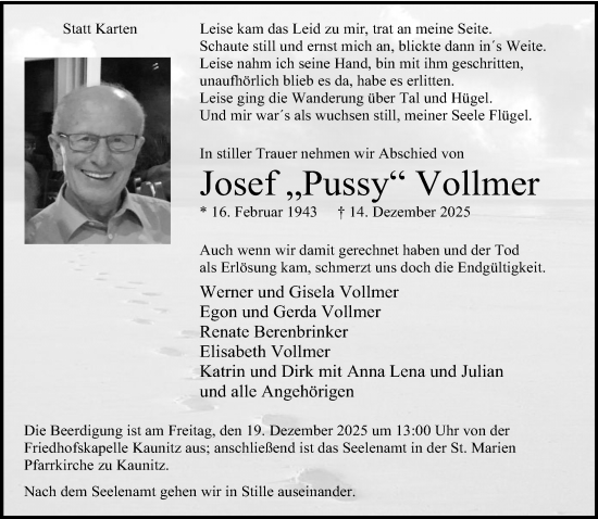 Traueranzeige von Josef Vollmer von Neue Westfälische und Westfalen-Blatt