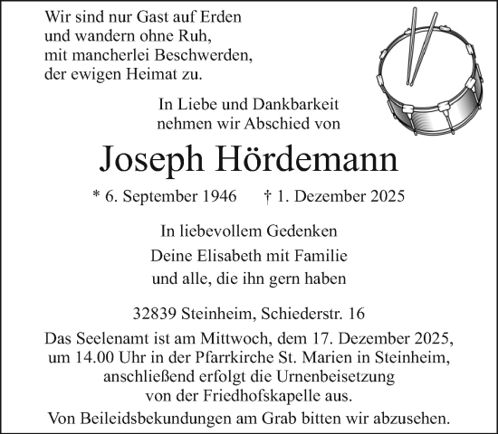 Traueranzeige von Joseph Hördemann von Neue Westfälische und Westfalen-Blatt