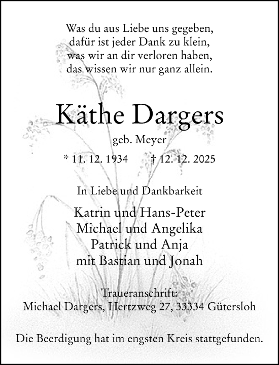 Traueranzeige von Käthe Dargers von Neue Westfälische und Westfalen-Blatt
