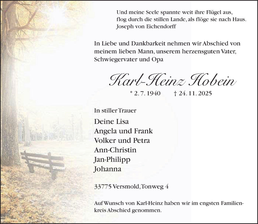  Traueranzeige für Karl-Heinz Hobein vom 02.12.2025 aus Neue Westfälische und Westfalen-Blatt
